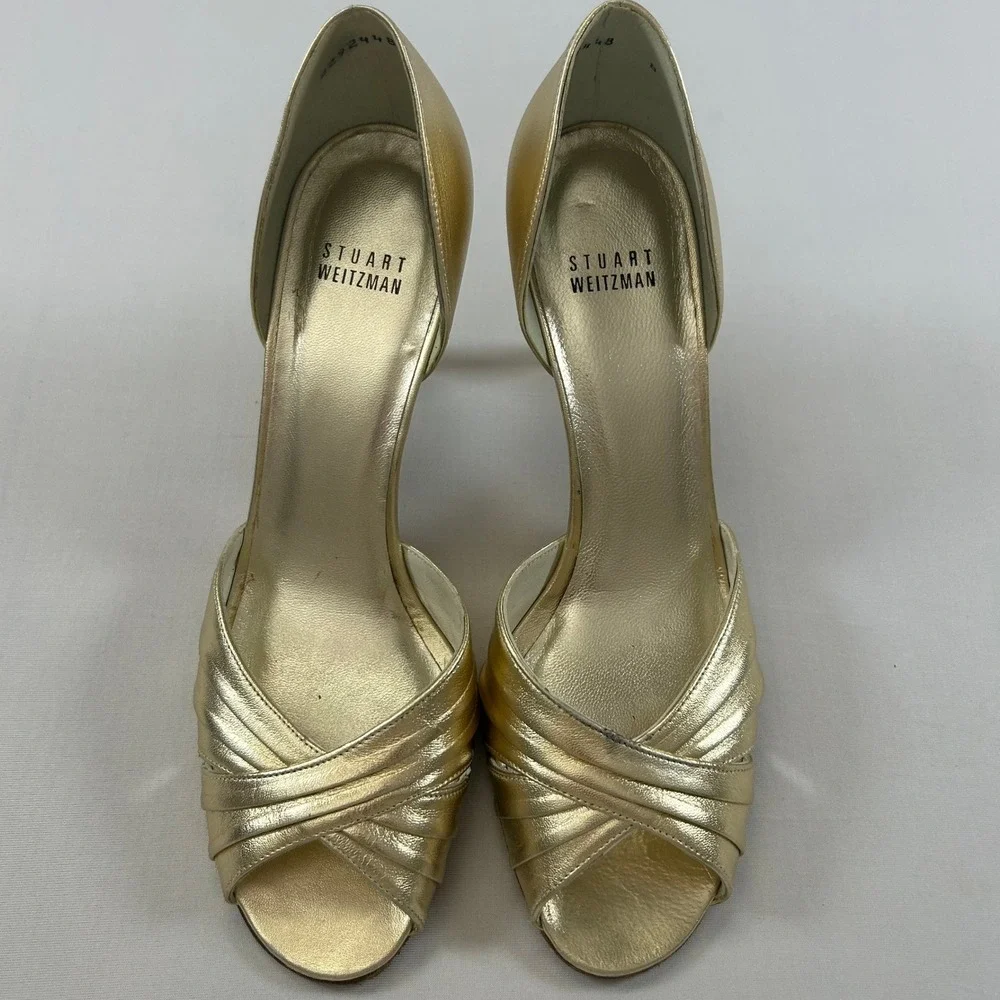 Stuart Weitzman Heels Crissy D'Orsay Womens 8 Gold‎ Leather Peep Toe Pumps